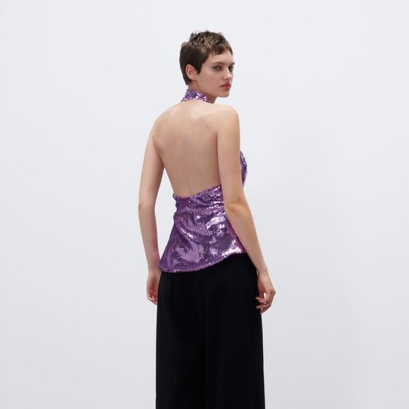 NWT Zara Size S Lilac Sequin Halter Top - Picture 2 of 5